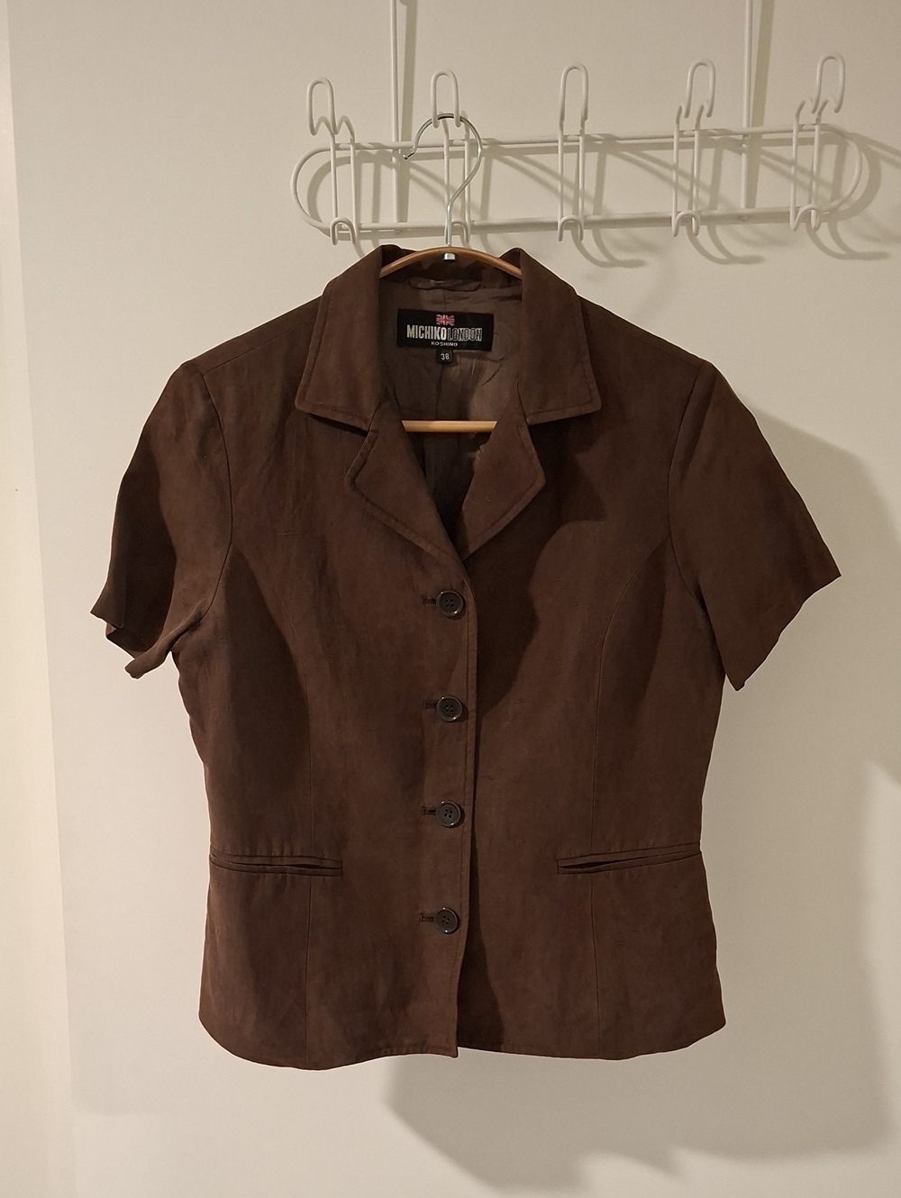 Michiko London Silk & Linen Chocolate Brown Short-sleeve Blazer (Size EU 38)